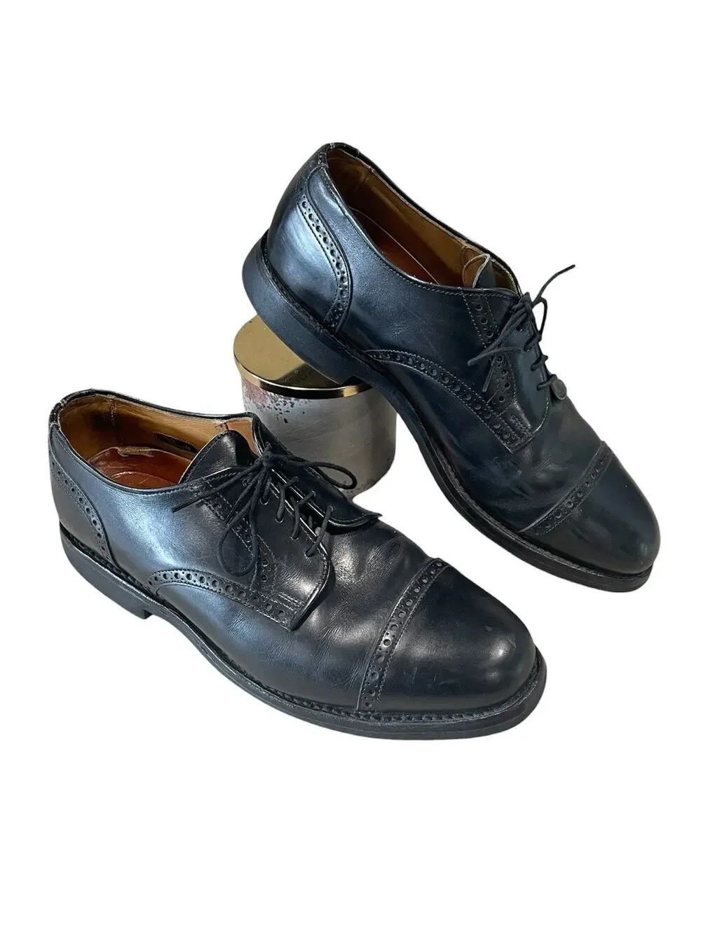 ALLEN EDMONDS Men’s Size 9D Black Perforated Leather Cap Toe Lace-Up Shoes